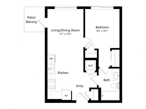 Floor plan for 1 bed, 1 bath, 520 sqft
